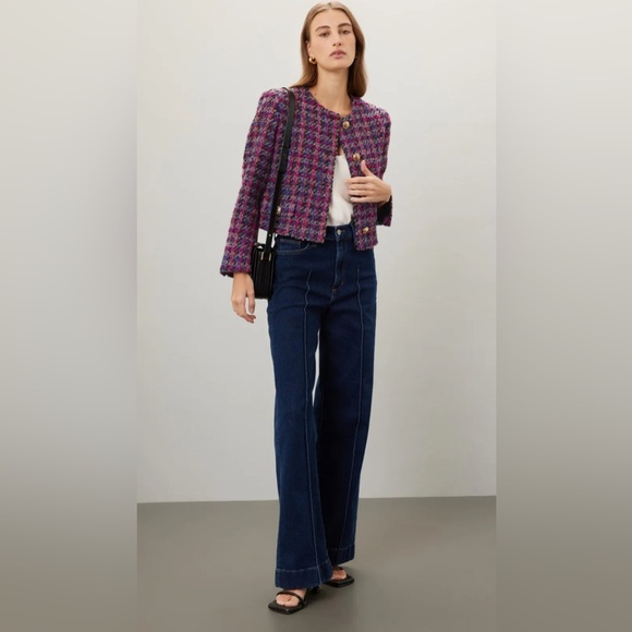 NEW SANDRO Cropped  wool blend bouclé-tweed jacket - Black/Fuschia FR 38 - Picture 5 of 16